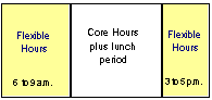 Flexitour Schedule: This graphic shows a flexitour schedule with flexible hours at 6 to 9 a.m. and 3 to 5 p.m., and core hours plus lunch period from 9 a.m. to 3 p.m.